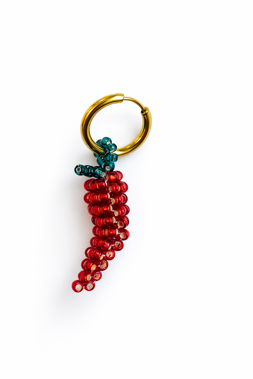 Handbeaded dark red pepper earring